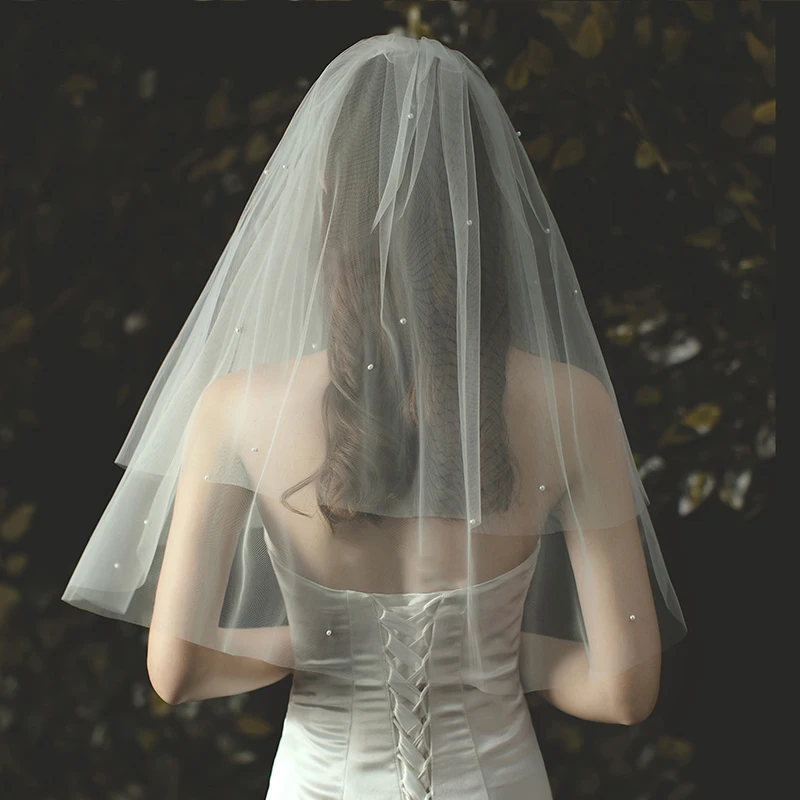 

New simple, thin, double layered bride's wedding soft headdress, certificate receiving, travel photo studio, short white veil sm