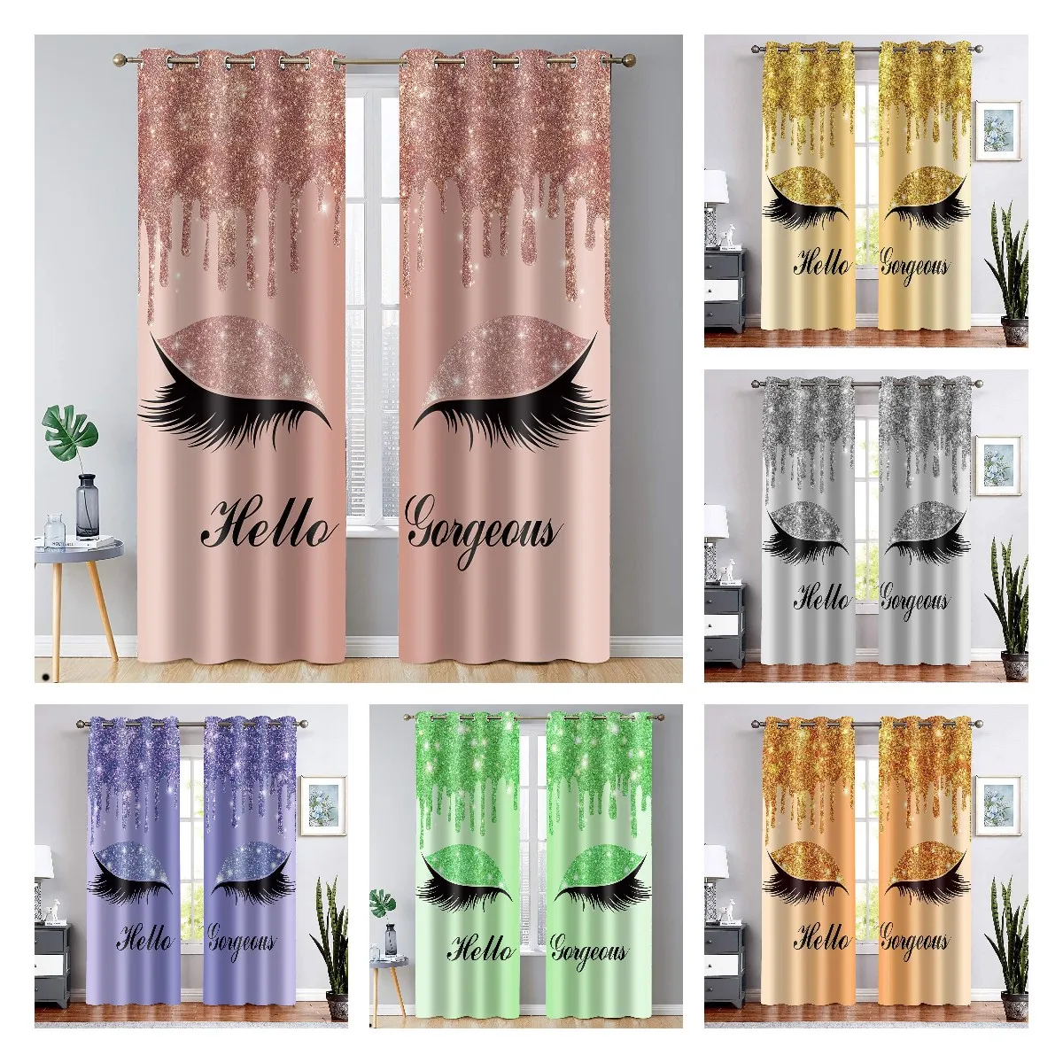 

Eyelash Print Curtains for Living Room Rose Gold Drips (No Glitter Sparkle) Eyelet Blackout Curtain Window Drapes Fabric 2Panels