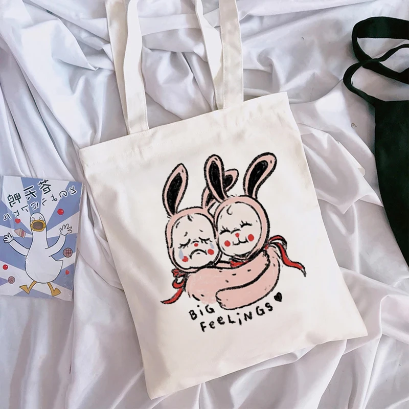 

Simple Fashion New Sad Rabbit Printed Canvas Tote Bag Korean Shopping Bag Ladies Daily Shoulder Bag Cartoon Pattern White Handba