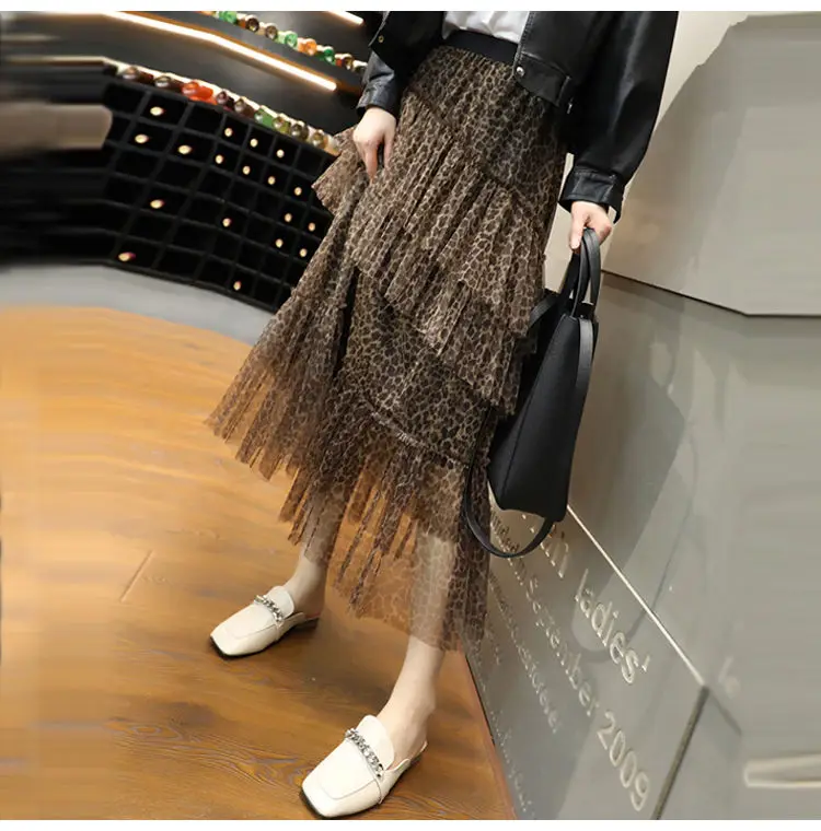 Женская длинная юбка с леопардовым принтом повседневная сетчатая Макси-юбка