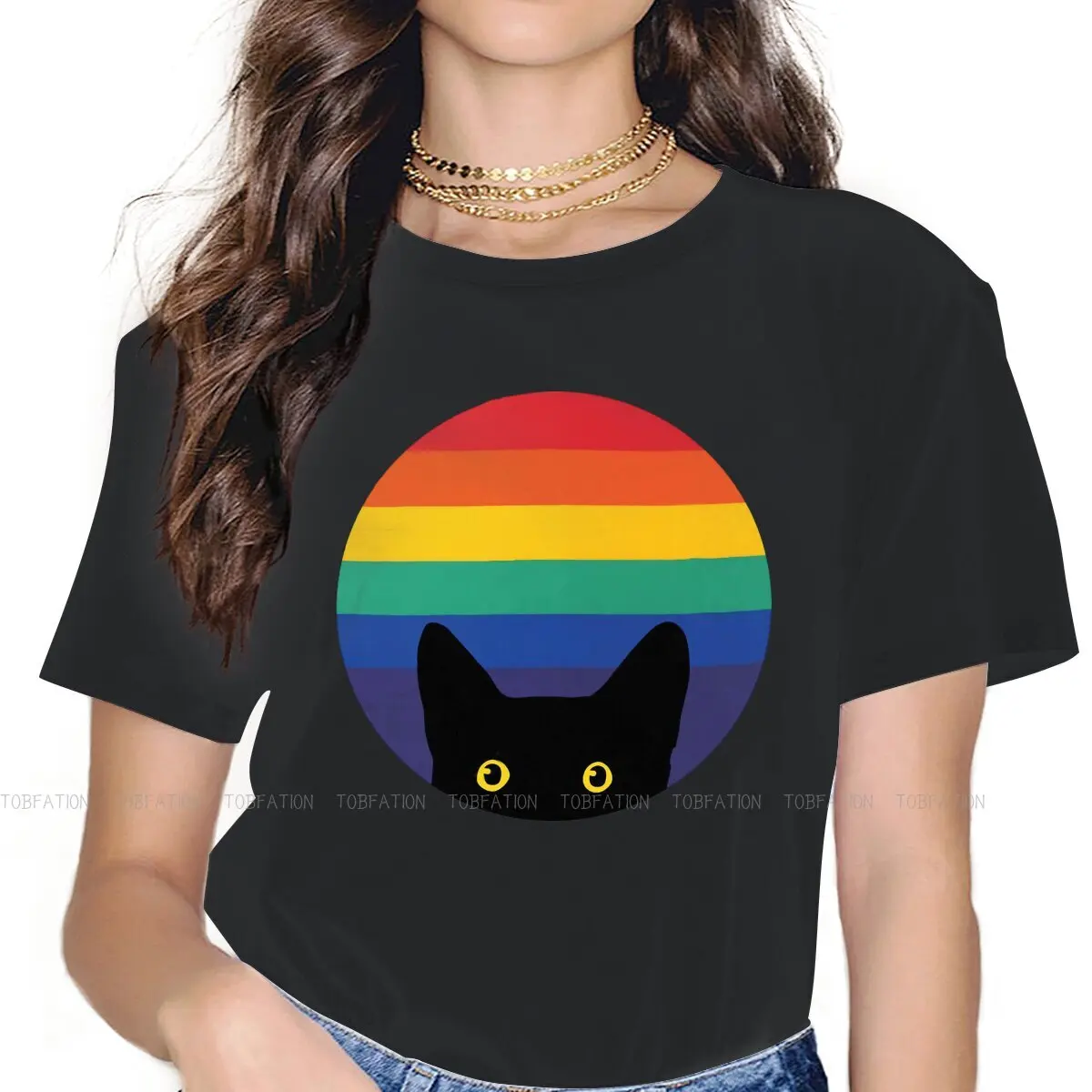 

Женская футболка с надписью «Peeking Cat in Rainbow Circle»