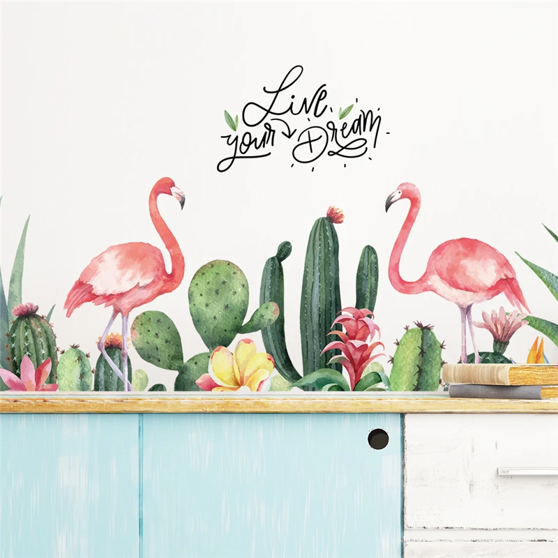 Яркие настенные наклейки с фламинго птицей КАКТУСОМ цветами для спальни