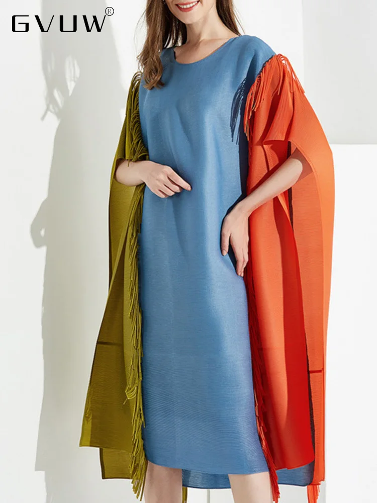 

GVUW Patchwork Pleated Tassel Dress Women Color Block O-neck Short Sleeve Loose Fashion Dresses Female 2023 Spring New 17G0966