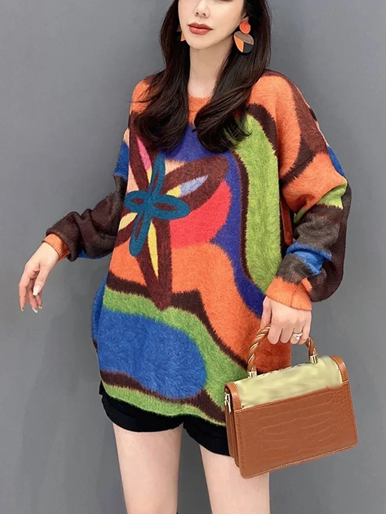 Вязаный свитер контрастных цветов XITAO модный нестандартный Полосатый Простой