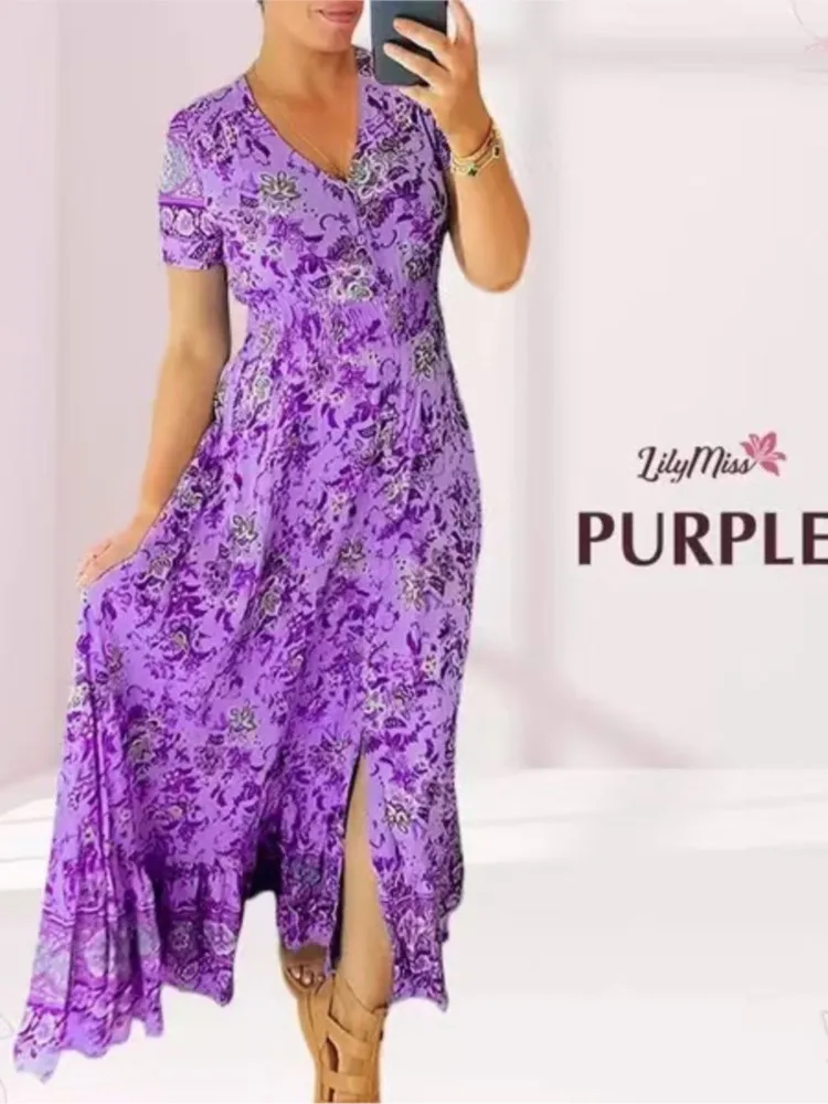 Элегантное женское платье 2022 длинное в стиле бохо с короткими рукавами и