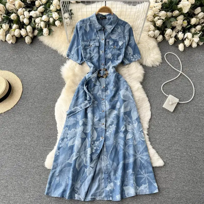 

Ladies Vintage Belt Maxi Dress Summer Fashion Casual Lapel Denim Long Dress Women Elegant Print Single-Breasted Pocket Dress New