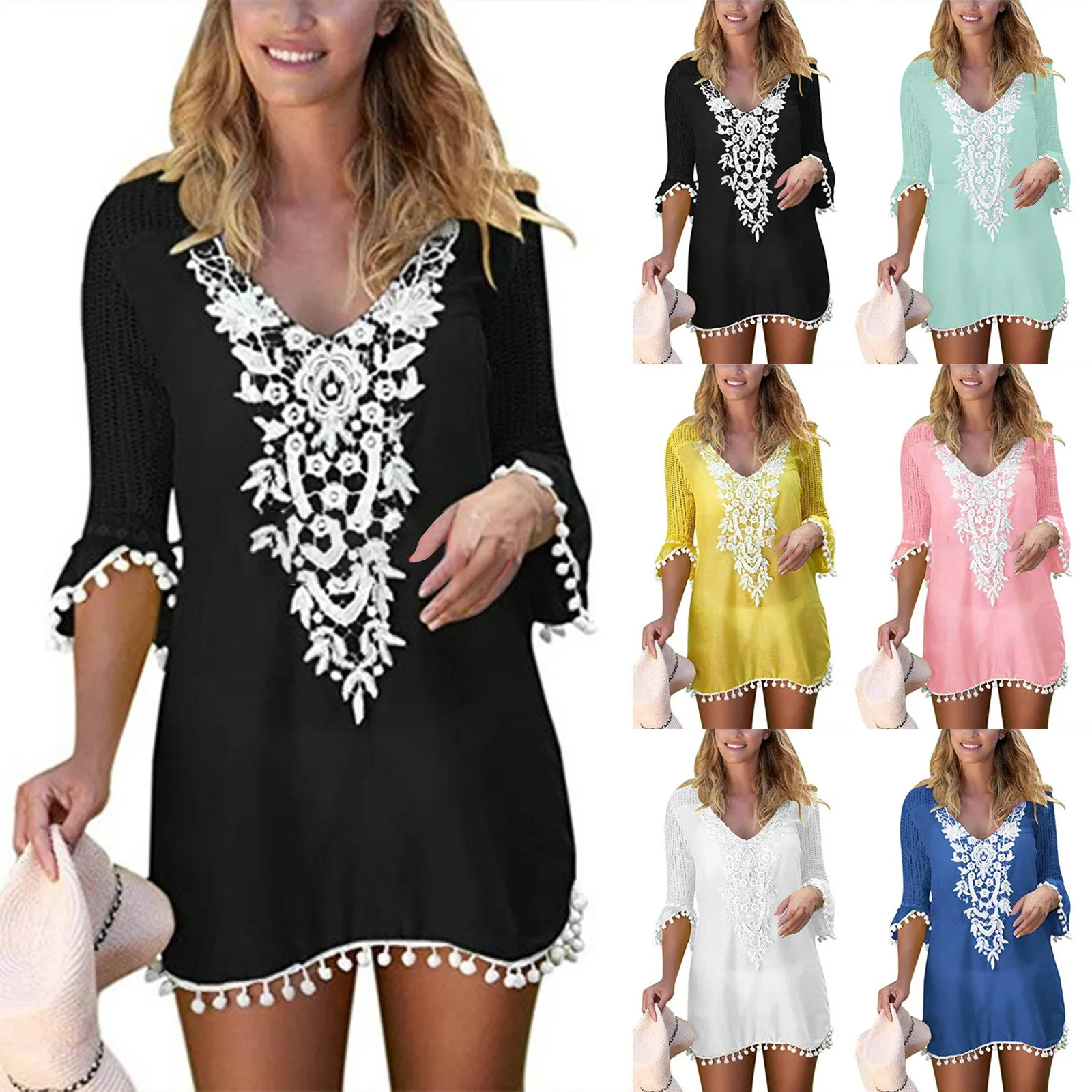 

New women's crocheted chiffon fringed swimsuit bikini slim swimsuit beach smock hot