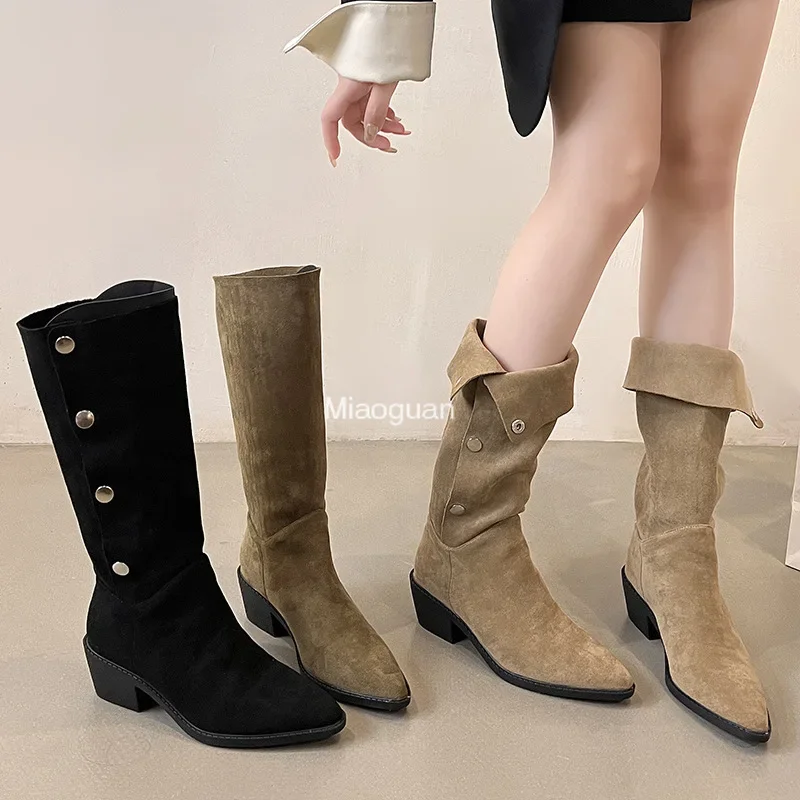 Женские зимние ковбойские сапоги до колена из искусственной замши