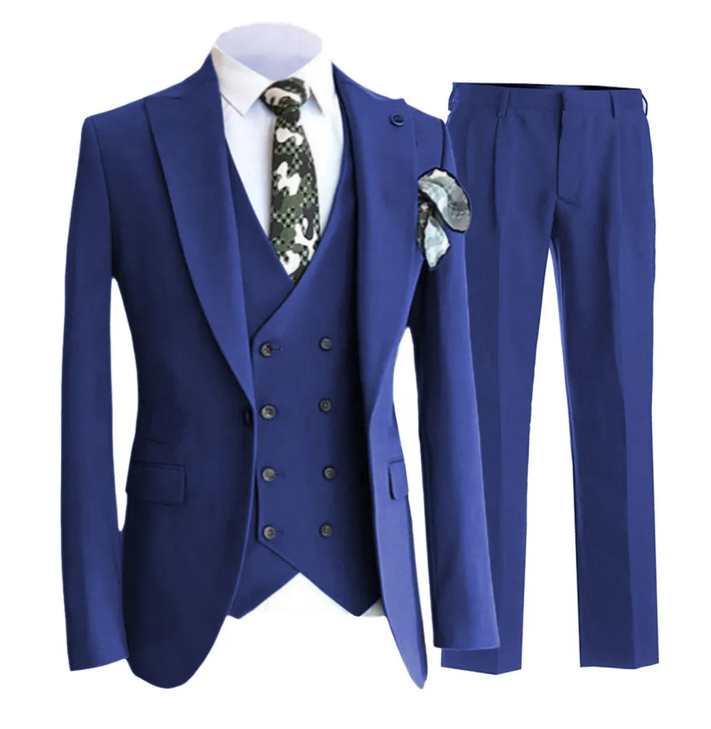 Blue Double Breasted Slim Fit Men Suit Business Suits Causal Suits Groom Tuxedo For Wedding Costume Homme 3PCS(Blazer+Pant+Vest)