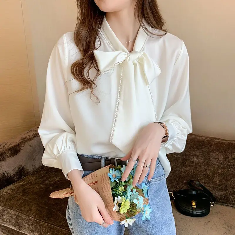 

Shirt Blouse Women 2023 Spring and Autumn New Korean Fan Satin Chiffon Shirt Women Bow Loose Long Sleeve Blouse Female Top