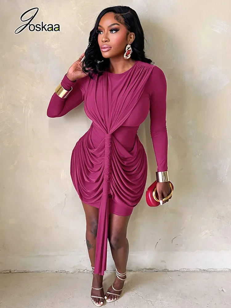 Joskaa Elegant Ruched Bandage Mini Dress Women Hipster Sexy O-Neck Long Sleeve Bodycon Birthday Dresses Party Club Streetwear