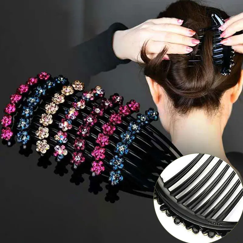 

Vintage Flower Crystal Hairclips Flowers Inlaid Rhinestone Hairpins Shiny Simplicity 7-Toothed Hair Clip Women Hair Accessories