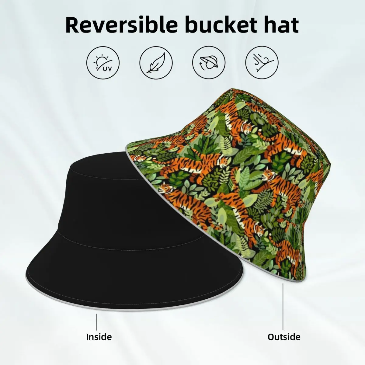 

Bengal Tiger Jungle Bucket Hat Animal Print Men Women Streetwear Fisherman Hats Reversible Classic Reflective Sun Hat