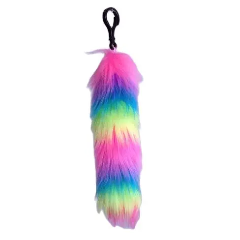 

Free shipping part decoration rainbow tail keychain with fake fur