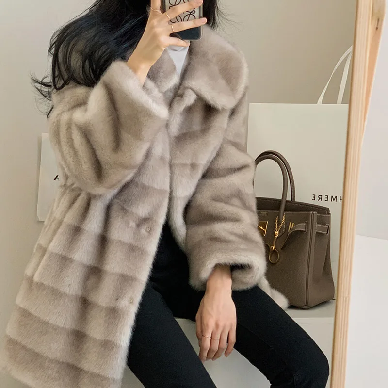 Long Jacket Women Winter belt Femme Veste Faux Fur Coat Gradient Mink Turn-down Collar Stripe Clothes Warm Soft Furry Overcoat