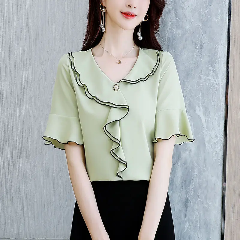 

Fashion V-Neck Spliced Asymmetrical Ruffles Flare Sleeve Chiffon Blouse Oversized Casual Loose Women's Clothing Commute Shirt