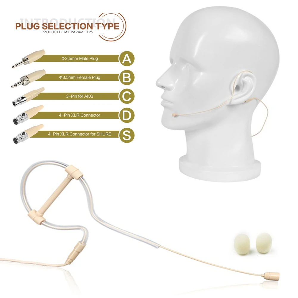 

Beige Single Earhook Headset Mic Headworn Microphone 3.5mm 3 Pin 4 Pin XLR Plug Omnidirectional Pickup Pattern 1.2m Wire Length