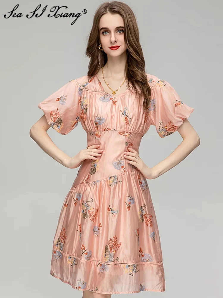 

Женское винтажное короткое платье Seasixiang, дизайнерское летнее платье с V-образным вырезом, пышными рукавами и цветочной вышивкой