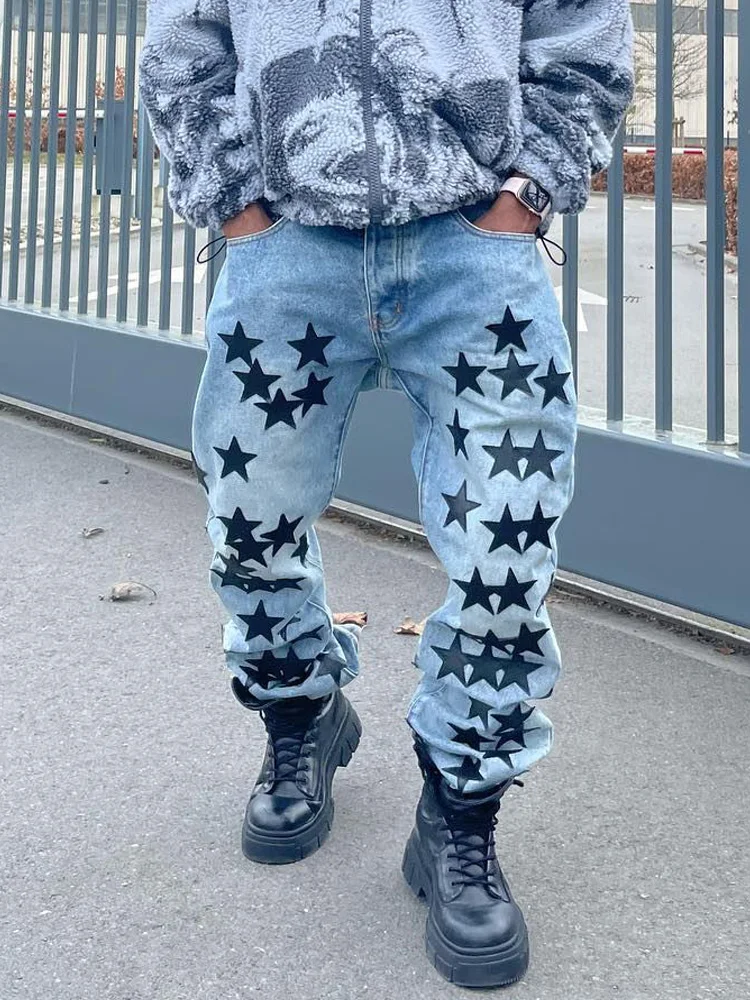 Men's Loose Jeans Straight FashionPrint Streetwear Man Pants Blue Baggy Jeans Comfy Wide Leg Trousers High Street Pants Clothes