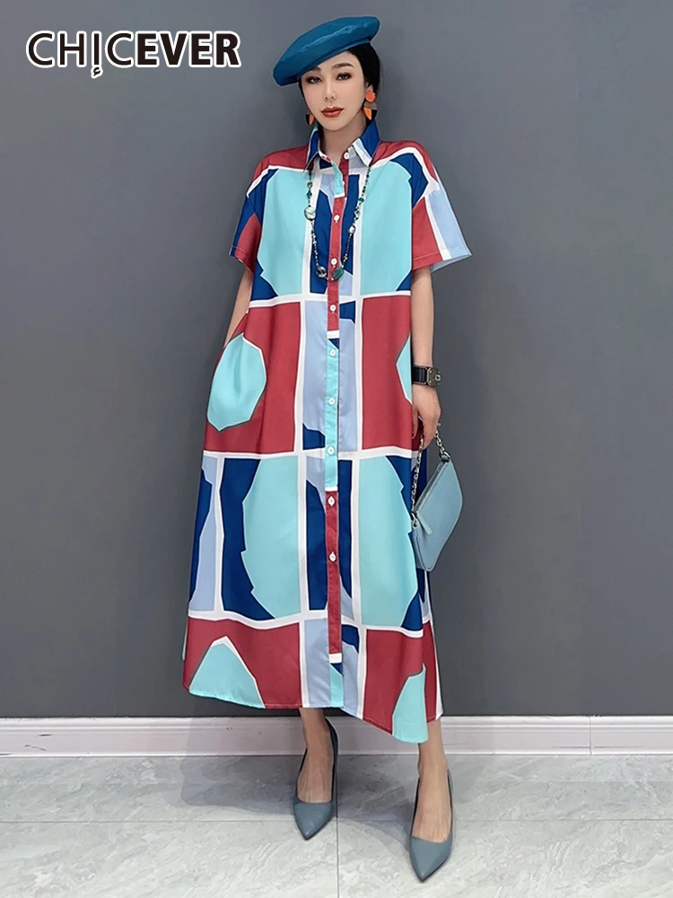 

CHICEVER Printing Casual Dresses For Women Lapel Short Sleeve High Waist Single Breasted Oversize Hit Color Midi Dress Female