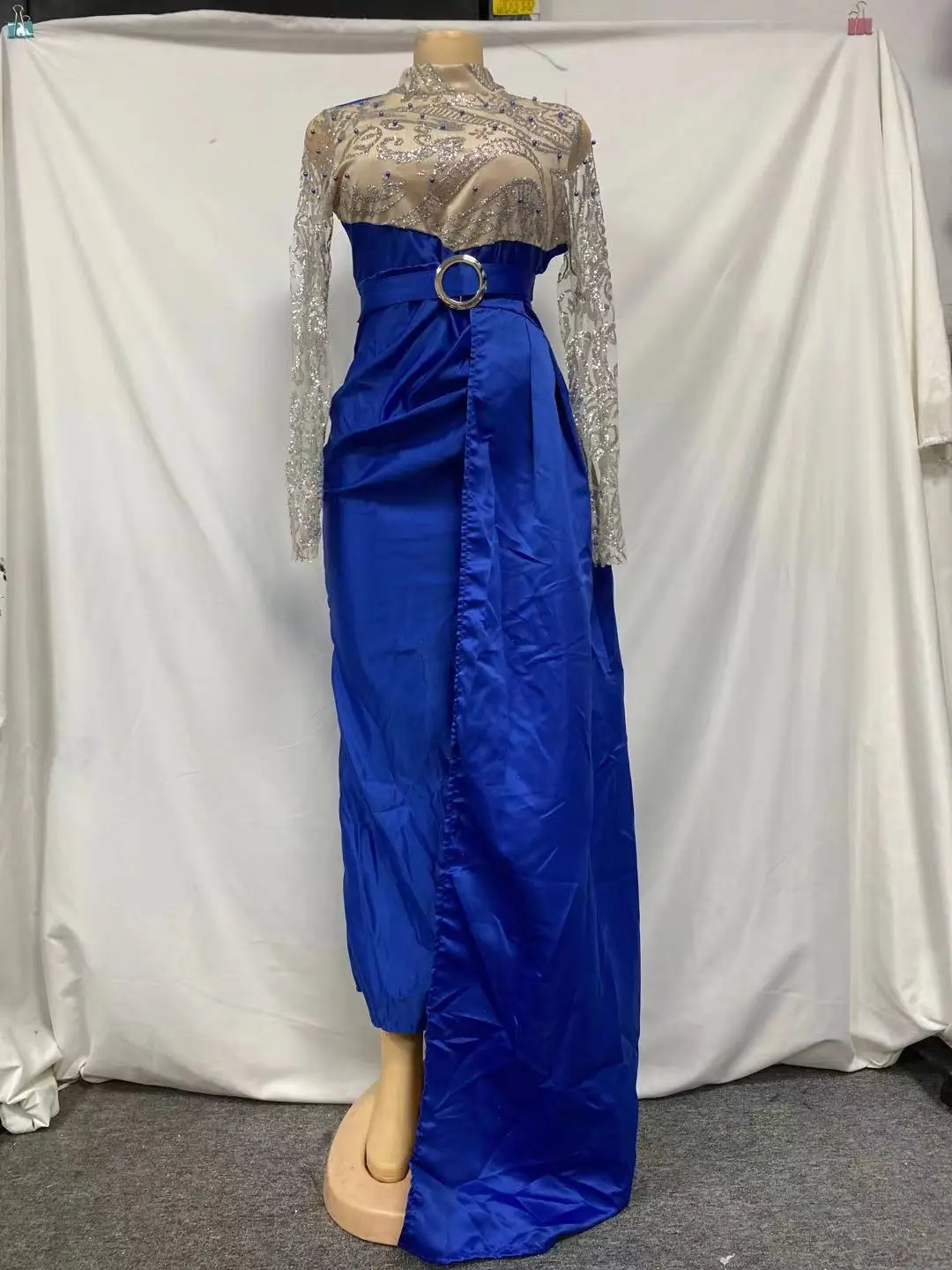 2022 Autumn New Elegant Party Dresses Women Blue Gold-Sprinkled Split Stitching Half-turtleneck Evening Dress Sequin Dress