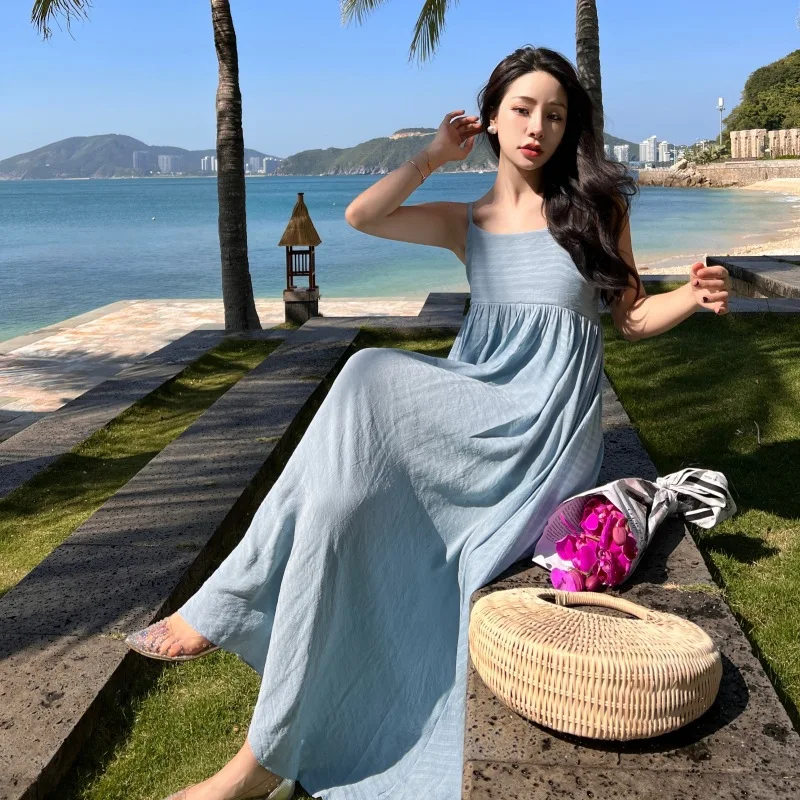 

Summer Spaghetti Strap Dress For Women Ladies Casual Vacation Beach Style Gowns Female Fashion Sexy Solid Color Dresses