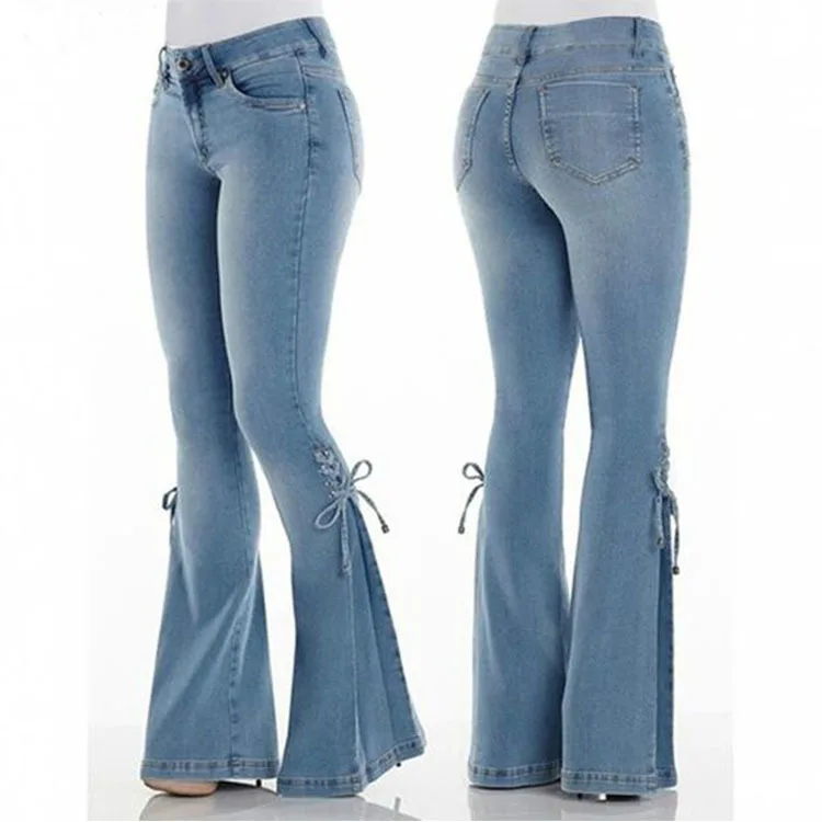 

Women's European and American Style Women's Jeans Mid-Waist Lace-up Denim Pants Stretch Jeans Women's Flared Pants A210