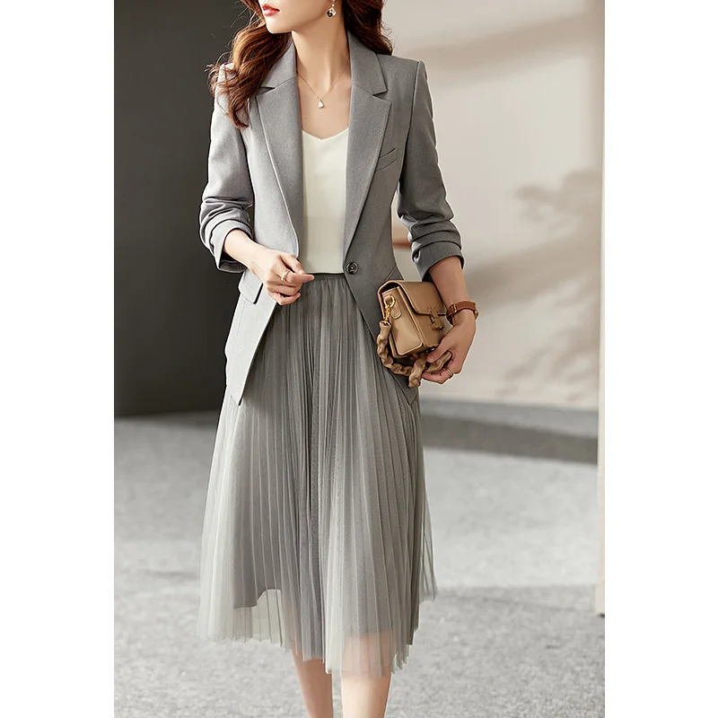 

Vimly Skirt Suits Two Piece Set Slim Jacket Blazer Women 2023 Korean Style Office Lady Grey Gauze A-line Skirt 2 Piece Outfits