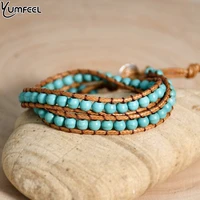yumfeel vintage 2 laps wrap bracelet women handmade braided adjustable leather rope natural stone beaded jewelry gift