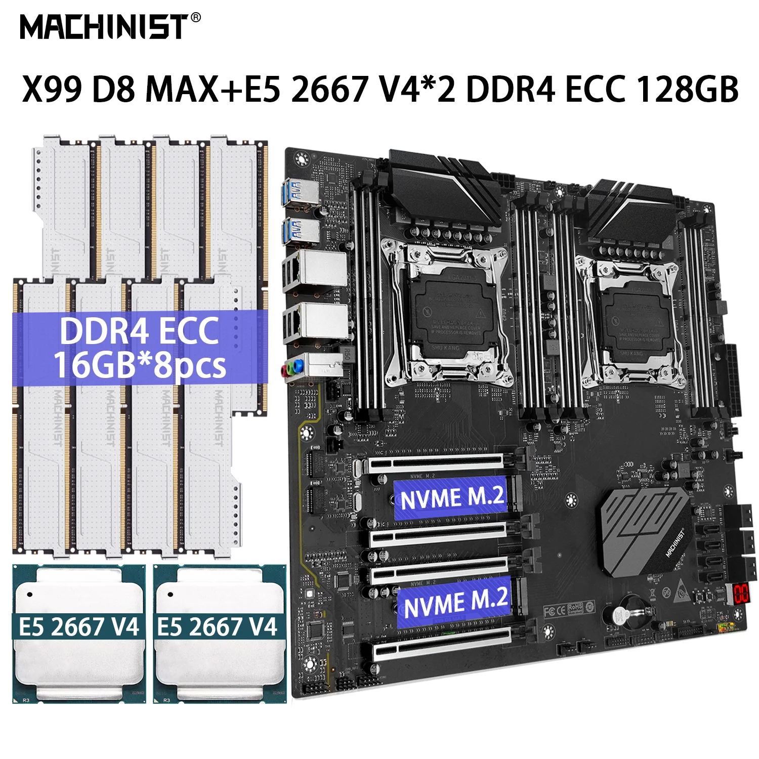 

MACHINIST X99 D8 MAX комплект материнской платы LGA 2011-3 двойной комплект Xeon E5 2667 V4 процессор ЦП 8 шт. * 16 ГБ = 128 ГБ ECC DDR4 Память ОЗУ NVME
