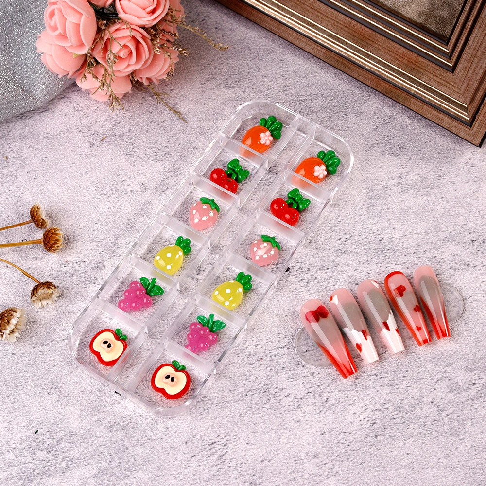 

12GRIDS Acrylic Flower Nail Charms Snake/Animals/Cherry Nail Art Decoration Pendant 3D Mixed Size Jewelry Pearl Metal Accessory