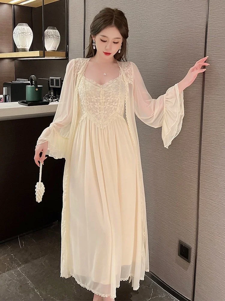 Nightdress Women Lace Strap Palace Style Sexy Nightgowns Pajamas Summer Retro Elegant Sleepshirt Home Dressing Gown Pajama Dress