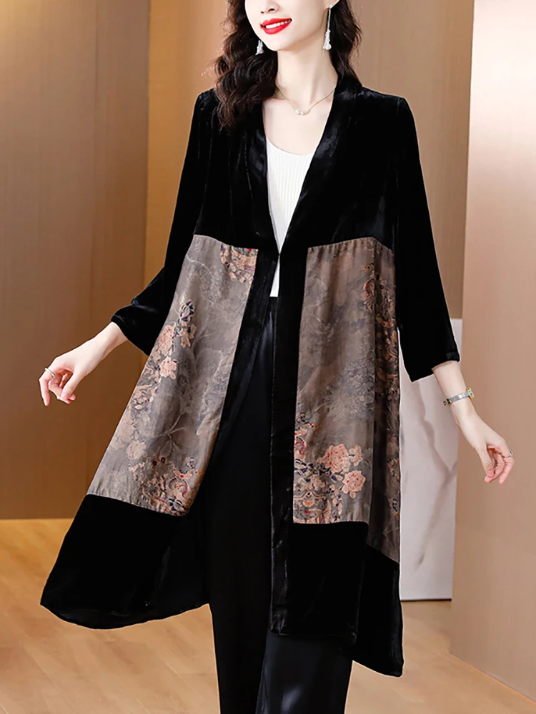 

Women Black Velvet Patchwork Floral Cardigan Trench Autumn Winter Thick Warm Loose Top Coat 2022 Korean Vintage Elegant Parkas