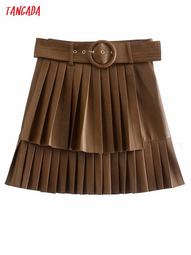 

Tangada 2021 Women Faux Leather Skirts With Belt Zipper French Style Female Mini Skirt 3H847