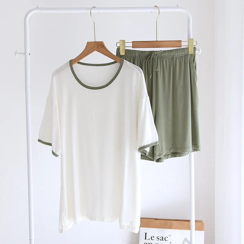 Contrasting Colors Modal HomeWear Women Summer Pullover Great Elasticity Thin Short Sleeve Shorts Loose Wear Out Bottoming Suit