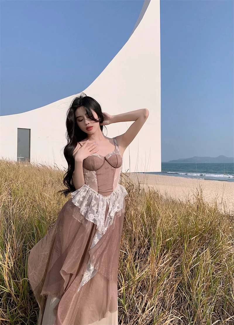 

Sannian Spring Women Dress Temperament Sexy Retro Waist Lace Stitching Raw Edge Suspender Dresses Ladies Clothes