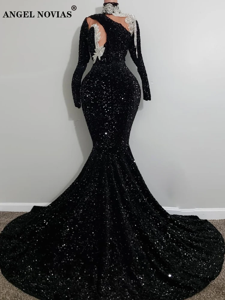 

Long Sleeves High Neck Black Mermaid Prom Dresses 2022 with Tassels Homecoming Graduation Dress vestidos de boda invitada