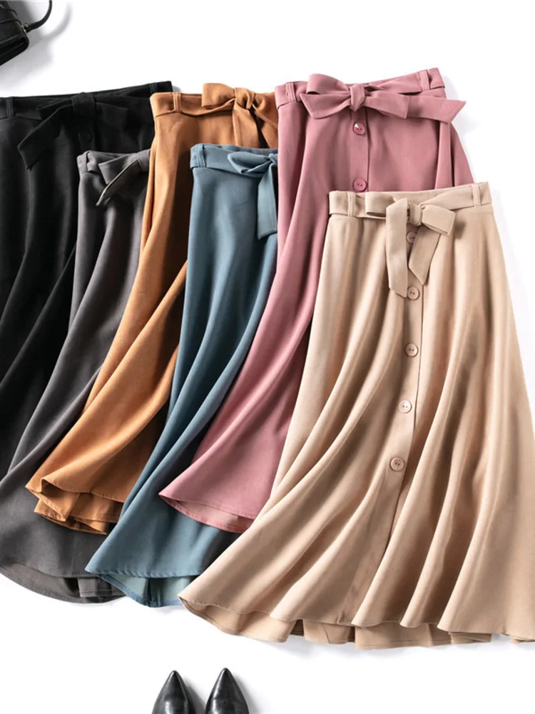 

Женская Повседневная хлопковая юбка, однотонная элегантная однобортная трапециевидная юбка с высокой талией и украшением в Корейском стил...