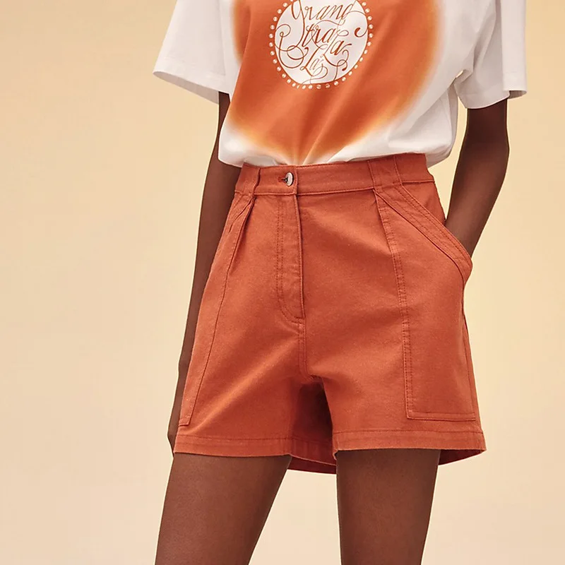 Orange High Waist Shorts Women's Fashion Pocket A-line Loose Hot Pants 2022 Summer Thin Section