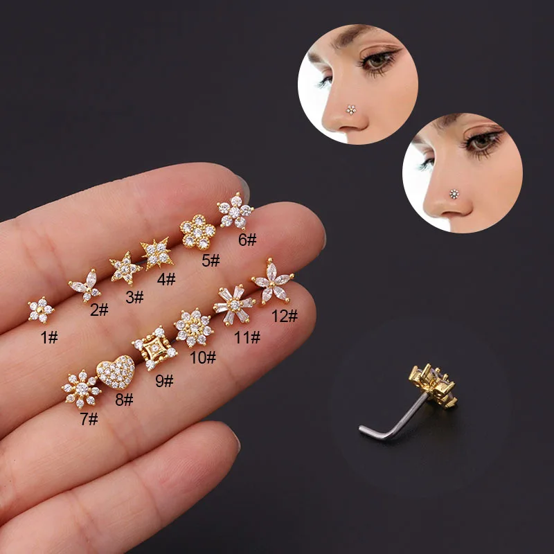 1PC Stainless Steel Zirconia Bone Nose Piercing Creative Flower Heart Star Butterfly L Shape Nose Ring Stud Body Piering Jewelry