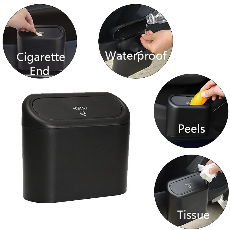 

Universal Organizer Car Clamshell Trash Bin Hanging Vehicle Garbage Dust Case Storage Box Black ABS Square Pressing Can