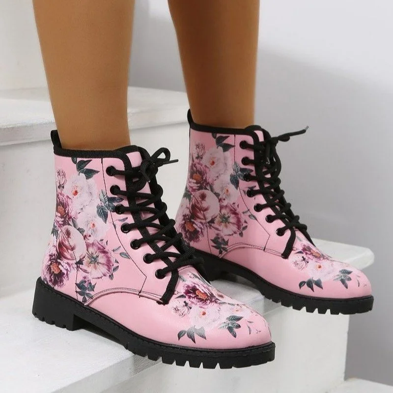 

Pmwrun Large Size Thick Bottom Low Heel Painting women Boots Female British Style New Comfortable Retro Breathable Short Boots