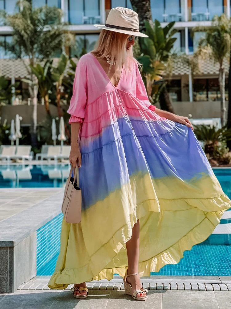 

2022 Summer New Women's Dress Casual Printing A Version Loose Casual Long Skirt Color Stitching Skirt Fashionable and Elegant
