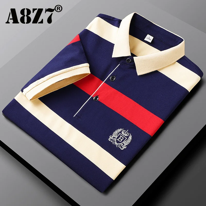 

2023 New Summer Men Classic Striped Polo Mens Cotton Sort-Sleeved Embroidered Business Casual ot Polo Sirt Male Dropsippin