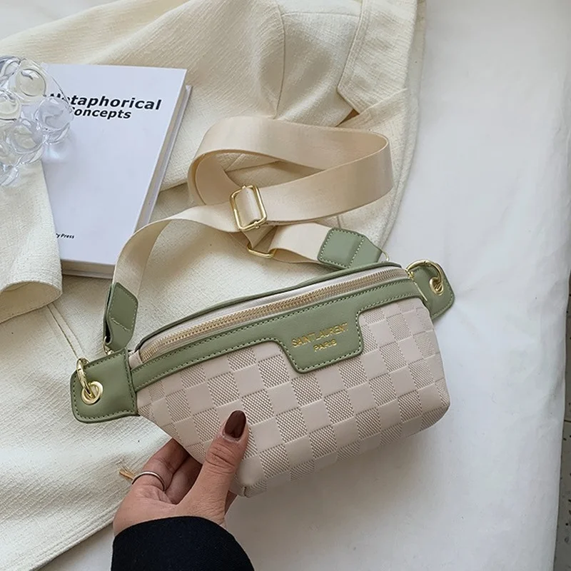 

Elegant Plaid PU Leather Waist Bags For Women 2022 Female Waist Packs Ladies Stylish Fanny Pack Wide Strap Crossbody Chest Bag
