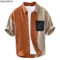 100 linen anti pilling anti static quality summer patchwork fashion pocket short sleeve male beach men casual shirts