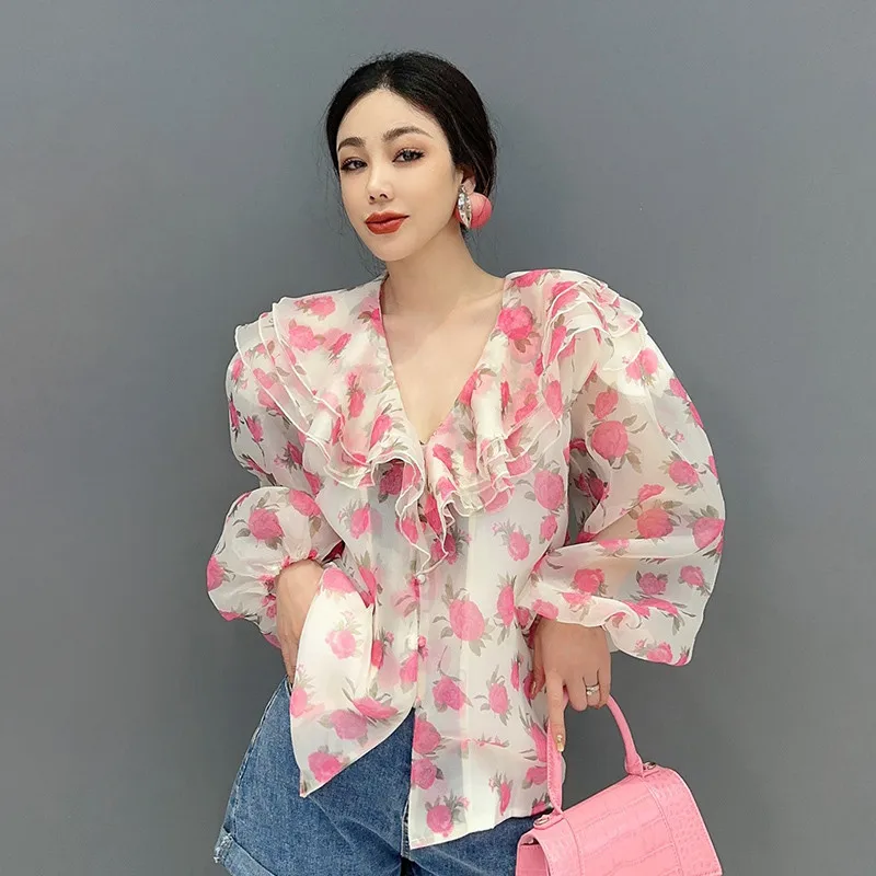 

Stylish Print Long Sleeve Sunscreen Tops V Collar See Through Sun Protection Clothes Casual Loose Lace Spliced Blouse Camisa