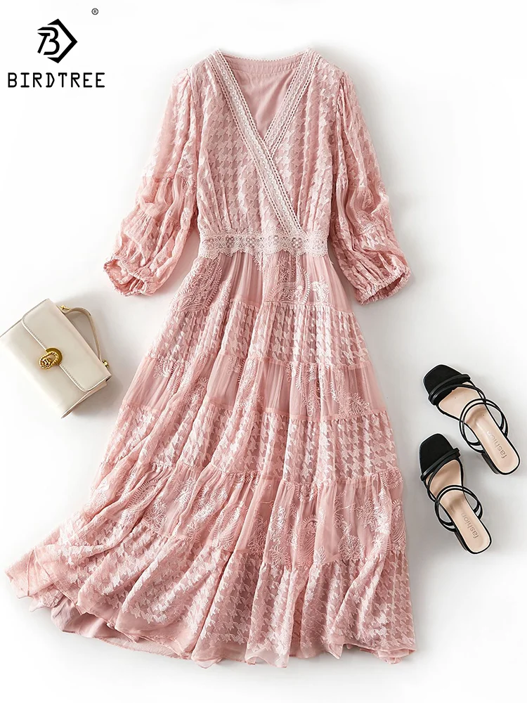 

Birdtree Summer 100%Pure Mulberry Silk Dress V Necks Embroidery Elastic Waist Long Sleeve Beach Maxi Dresses New 2023 D36308JM