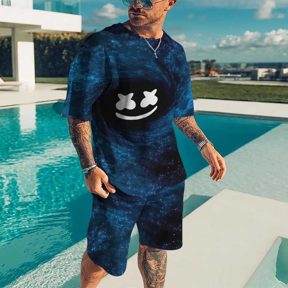 New Summer Men Tracksuit Sets Fashion For Male Oversized Casual Top Print XO T-Shirt+Shorts Suit Streetwear Men Clothing