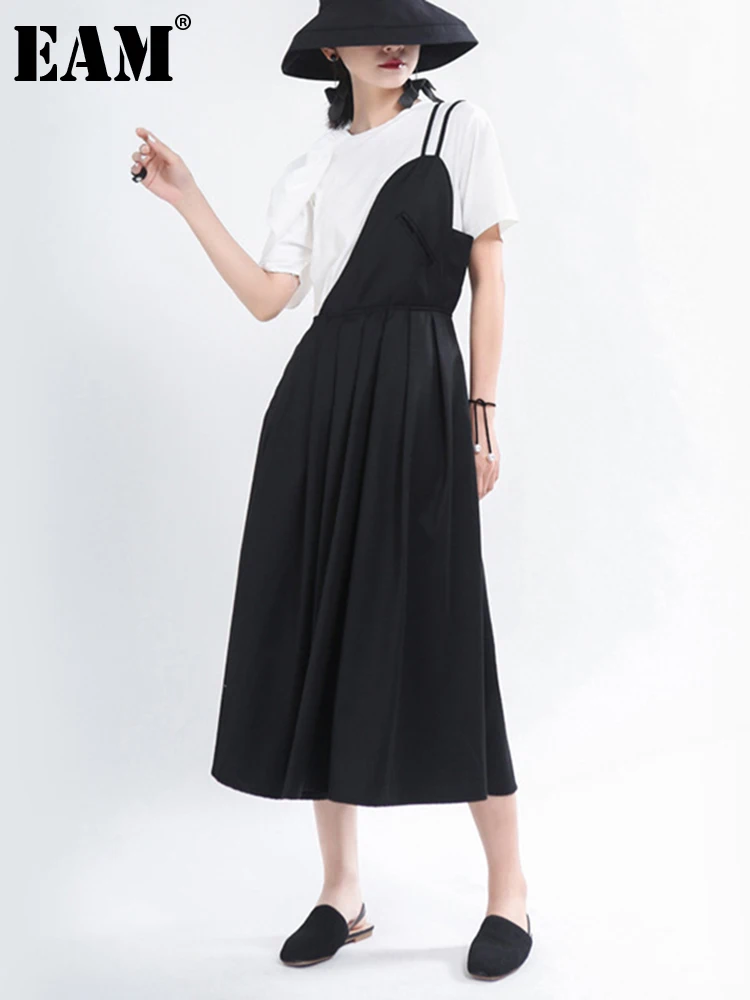 

[EAM] Women Black Pleated Splt Joint Spaghetti Strap Dress New Sleeveless Loose Fit Fashion Tide Spring Summer 2022 1T974